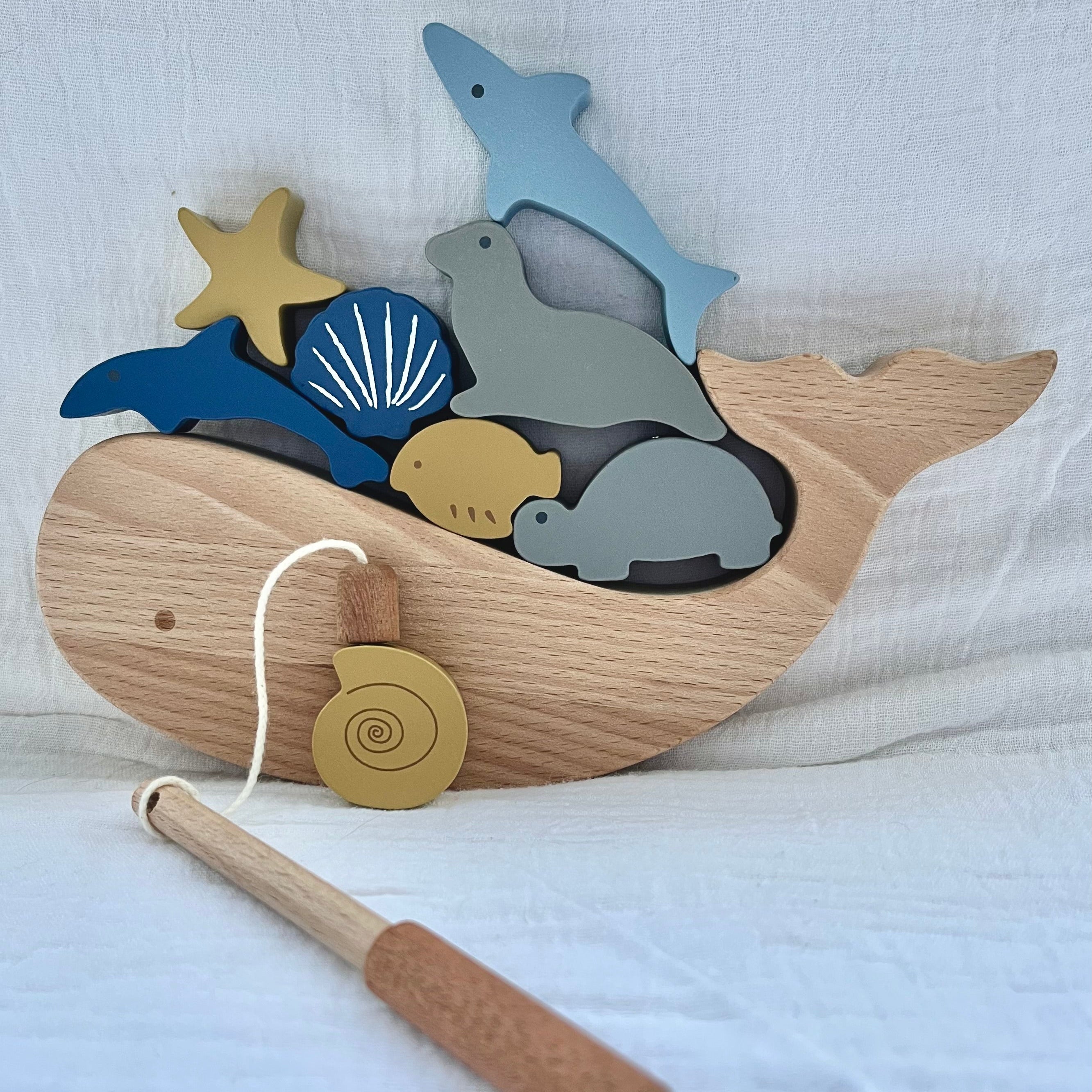Jeu de pêche et d'empilement en bois | Animaux de la mer